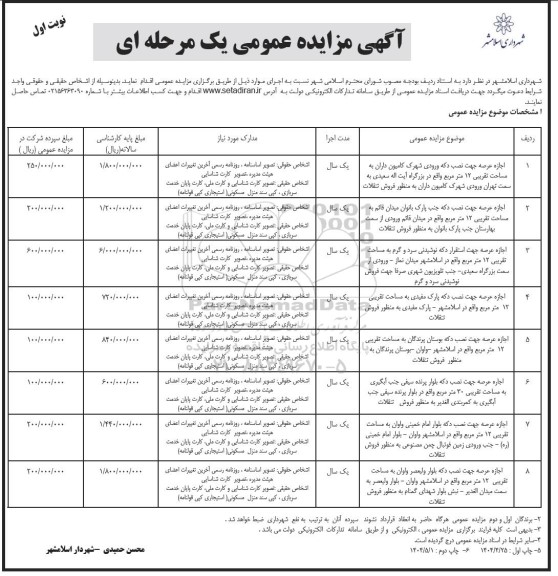 مزایده اجاره عرصه جهت نصب دکه ورودی شهر کامیون داران ...