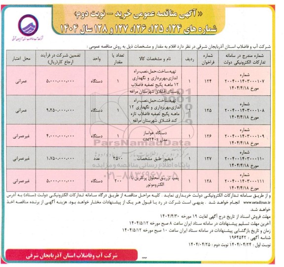 مناقصه عمومی تهیه، ساخت، حمل، نصب ، راه اندازی، بهربرداری و نگهداری 12 ماهه پکیج تصفیه فاضلاب روستای قشلاق ... نوبت دوم