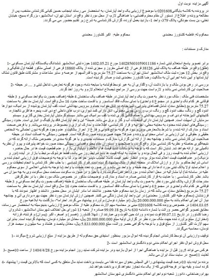مزایده ششدانگ یکدستگاه آپارتمان مسکونی (طلق) واقع در طبقه همکف به پلاک ثبتی 38126 فرعی از 42 اصلی مفروز و مجزی شده از پلاک 18860 فرعی از اصلی