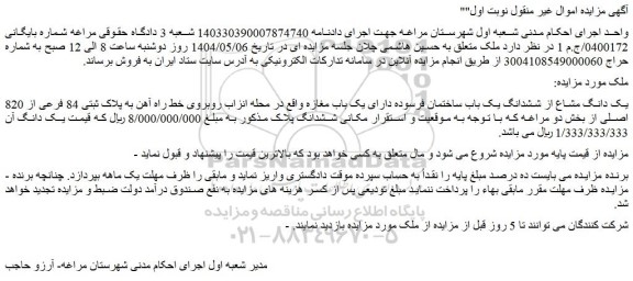 مزایده یک دانگ مشاع از ششدانگ یک باب ساختمان فرسوده دارای یک باب مغازه