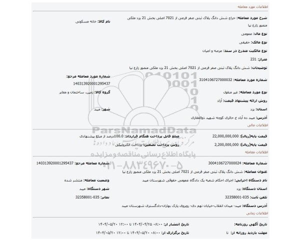 مزایده، شش دانگ پلاک ثبتی صفر فرعی از 7021 اصلی بخش 21 یزد ملکی منصور زارع نیا