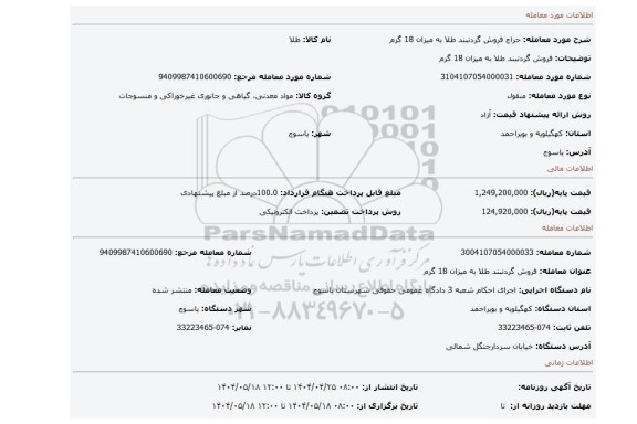 مزایده، فروش گردنبند طلا به میزان 18 گرم