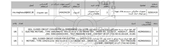 استعلام تجهیزات مکانیکی سیستم های تهویه وبرجهای خنک کننده