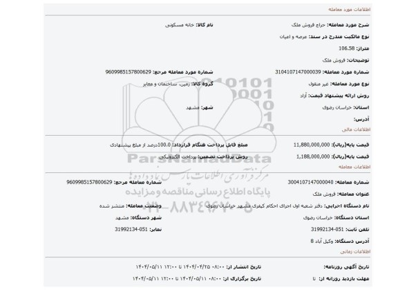 مزایده، فروش ملک