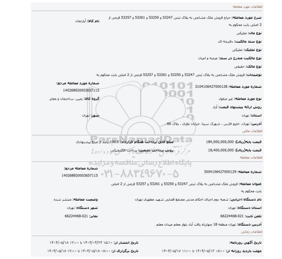 مزایده، فروش ملک مشاعی به پلاک ثبتی  53247 و 53250 و 53261 و 53257  فرعی از 2 اصلی بابت محکوم به