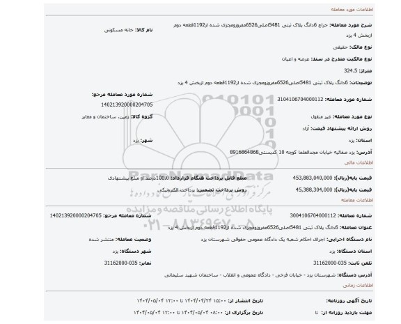 مزایده، 6دانگ پلاک ثبتی 5481اصلی6526مفروزومجزی شده از1192قطعه دوم ازبخش 4 یزد
