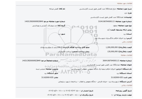 مزایده، تعداد102 عدد کفش طبق لیست کارشناسی
