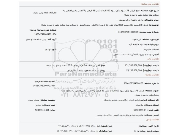 مزایده، فروش 178سهم ازکل سهم 8300 پلاک ثبتی 83 فرعی از77اصلی بخش6متعلق به محکوم علیه معادل طلب به صورت مشاع