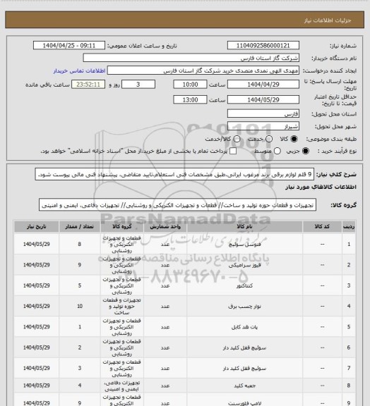استعلام 9 قلم لوازم برقی برند مرغوب ایرانی،طبق مشخصات فنی استعلام،تایید متقاضی، پیشنهاد فنی مالی پیوست شود.