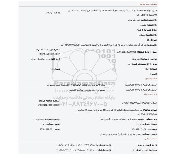 مزایده، یک باب آپارتمان شامل 5 واحد که هر واحد 88 متر مربع به قیمت کارشناسی 95/000/000/000 ریال