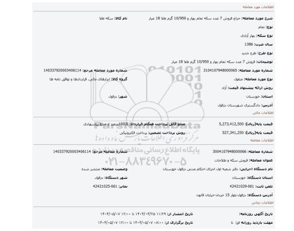 مزایده، فروش 7 عدد سکه تمام بهار و 10/950 گرم طلا 18 عیار