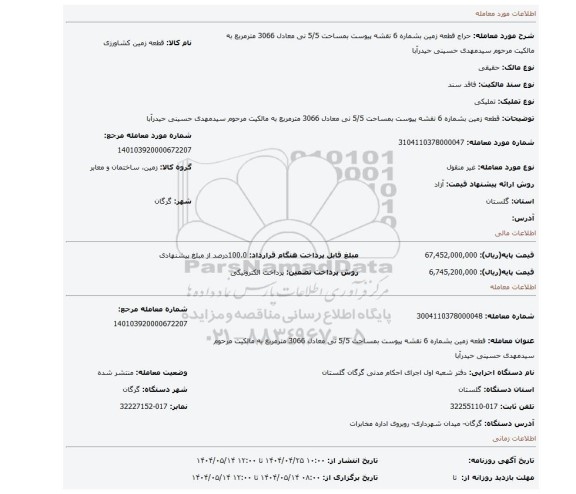 مزایده، قطعه زمین بشماره 6 نقشه پیوست بمساحت 5/5 نی معادل 3066 مترمربع به مالکیت مرحوم سیدمهدی حسینی حیدرآبا