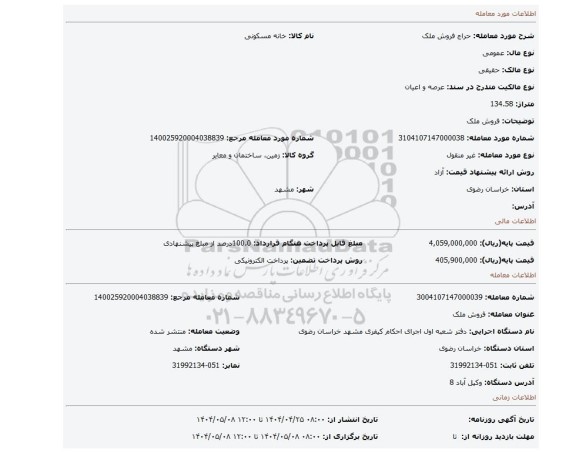 مزایده، فروش ملک
