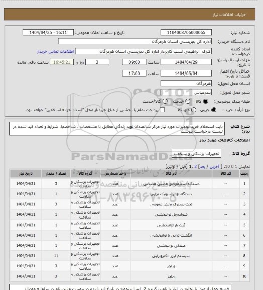 استعلام بابت استعلام خرید تجهیزات مورد نیاز  مرکز سالمندان نوید زندگی  مطابق با مشخصات ، شاخصها، شرایط و تعداد قید شده در   لیست درخواست پیوست