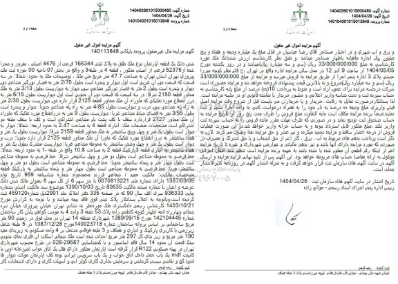 مزایده ششدانگ یک قطعه آپارتمان پلاک ثبتی 166344 فرعی