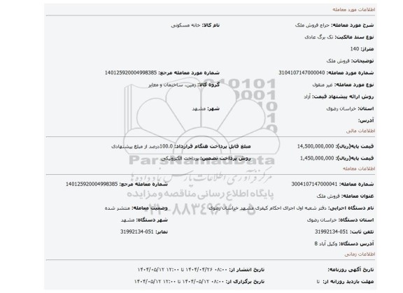 مزایده، فروش ملک