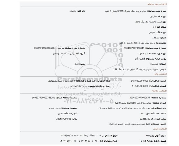 مزایده، مزایده پلاک ثبتی5/28510 بخش 8 اهواز
