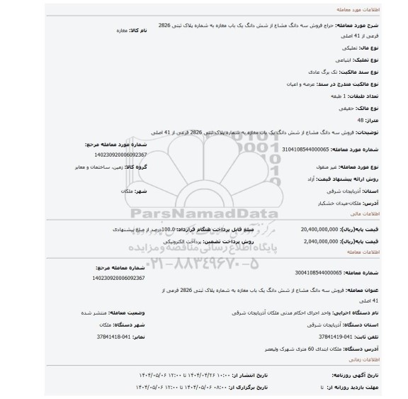 مزایده، فروش سه دانگ مشاع از شش دانگ یک باب مغازه به شماره پلاک ثبتی 2826 فرعی از 41 اصلی