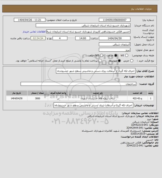 استعلام اجرای لکه گیری و آسفالت ریزی دستی و ماشینی سطح شهر خسروشاه