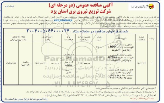 مناقصه هادی روکشدار آلومینیوم تقویت شده با فولاد MINK با ولتاژ نامی 20 کیلولت....