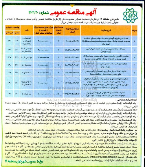 مناقصه عملیات بازسازی و نگهداری تاسیسات و ابنیه سرای محلات و...