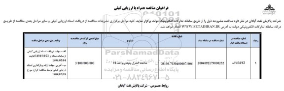 فراخوان مناقصه ساخت کنترل ولوهای واحد 75 