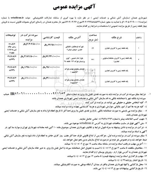 مزایده فروش چهار قطعه زمین با کاربری تجاری و مختلط (مسکونی - تجاری)