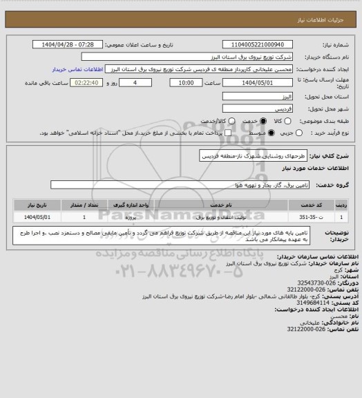 استعلام طرحهای روشنایی شهرک ناز-منطقه فردیس