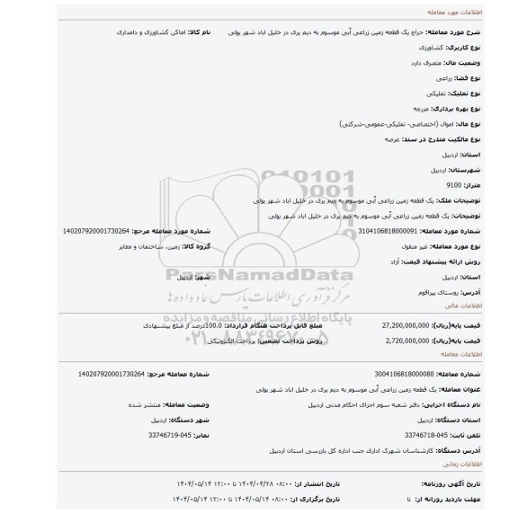 مزایده، یک قطعه زمین زراعی آّبی موسوم به دیم یری در خلیل اباد شهر یولی