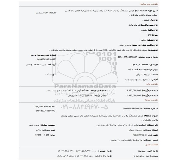 مزایده، فروش ششدانگ یک باب خانه تحت پلاک ثبتی 135 فرعی از 5 اصلی بنام حسن جلیلی یولقونلو واقع در یولقونلوی ج