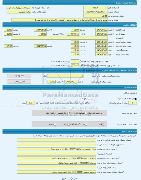 مزایده ، تجدید مزایده فروش 18 واحد تجاری در طبقات زیرزمین ، همکف و اول بازار بزرگ شریف(امیریه) -مزایده واحد تجاری  - استان خراسا