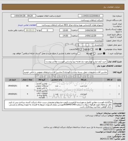 استعلام خرید کیف ابزار و لوازم مورد نیاز تغذیه نیرو براساس فهرست مقادیر پیوست