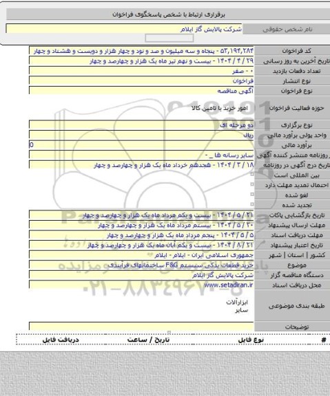 مناقصه, خرید قطعات یدکی سیستم F&G  ساختمانهای فرآیندی