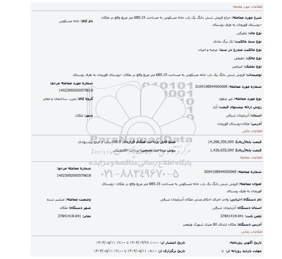 مزایده، فروش شش دانگ یک باب خانه مسکونی به مساحت 685.15 متر مربع واقع در ملکان –روستای قوریجان به طرف روستای