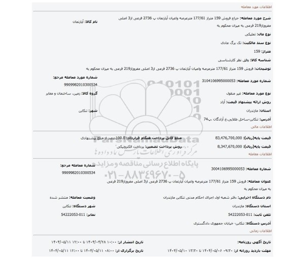مزایده، فروش 159 متراز 177/61 مترعرصه واعیان آپارتمان پ 2736 فرعی از3 اصلی مفروزاز219 فرعی به میزان محکوم به