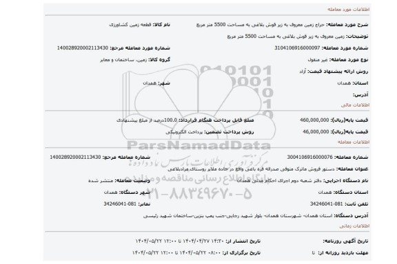 مزایده، زمین معروف به زیر قوش بلاغی به مساحت 5500 متر مربع