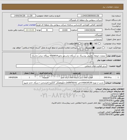 استعلام عملیات اورهال وتعویض بوشینگ دو دستگاه ترانسفور ماتور4500KVA نیروگاه دیزلی جاسک