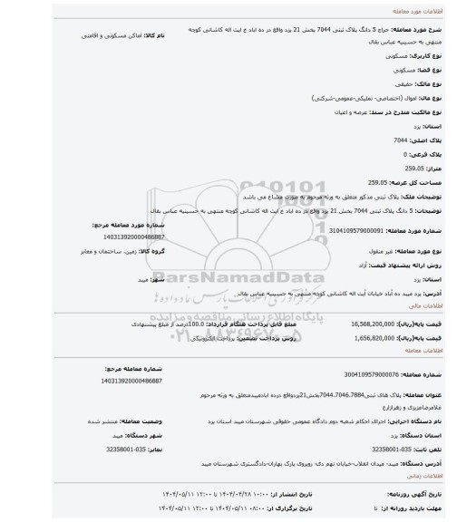 مزایده، 5 دانگ پلاک ثبتی 7044 بخش 21 یزد واقع در ده اباد خ ایت اله کاشانی کوچه منتهی به حسینیه عباس بقال