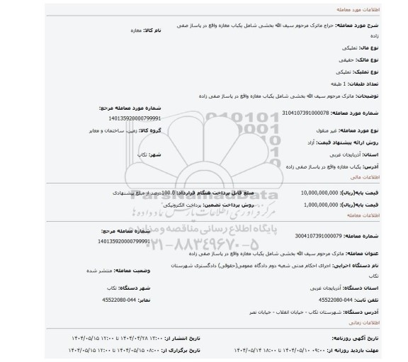 مزایده، ماترک مرحوم سیف الله بخشی شامل یکباب مغازه واقع در پاساژ صفی زاده