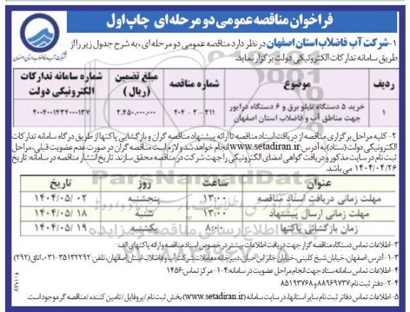 مناقصه خرید 5 دستگاه تابلو برق و 6 دستگاه درایور 