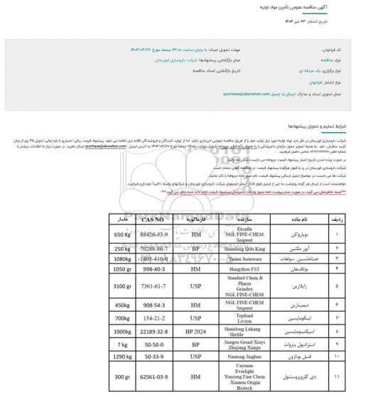 مناقصه ، مناقصه عمومی تامین مواد اولیه 