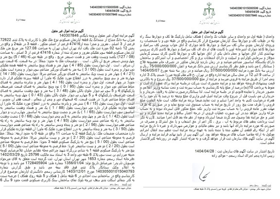 مزایده یک قطعه آپاتمان مسکونی تحت پلاک ثبتی 72622 فرعی از 3 اصلی مفروز و مجزی شده از 47416 فرعی