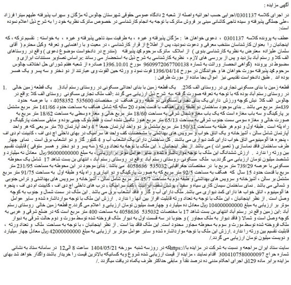 مزایده یک قطعه زمین با بنای مسکونی تجاری