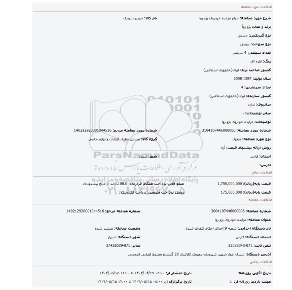 مزایده، مزایده خودروی پژو روا