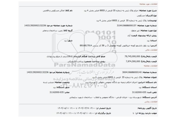 مزایده،  پلاک ثبتی به شماره 35  فرعی از 8955 اصلی بخش 4 یزد