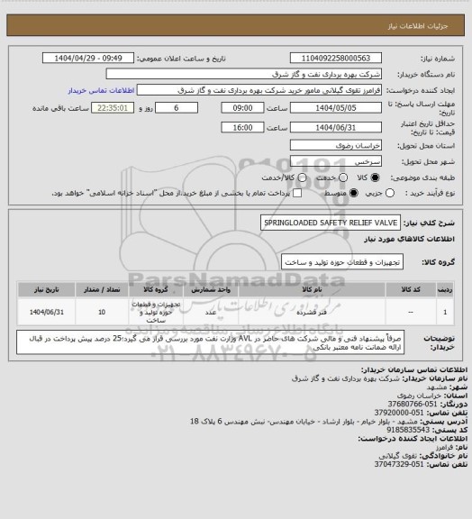 استعلام SPRINGLOADED SAFETY RELIEF VALVE
