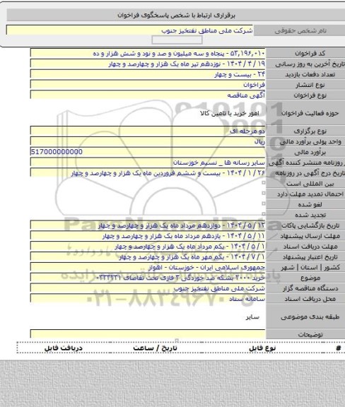مناقصه, خرید ۲۰۰۰ بشکه ضد خوردگی ۳ فازی تحت تقاضای ۰۳۳۳۲۳۱