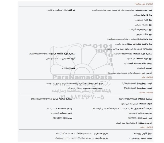مزایده، فروش مال غیر منقول جهت پرداخت محکوم به