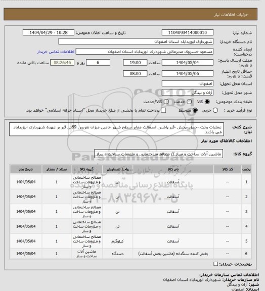 استعلام عملیات پخت -حمل -پخش -قیر پاشی اسفالت معابر سطح شهر -تامین میزان تقریبی 69تن قیر بر عهده شهرداری ابوزیداباد می باشد