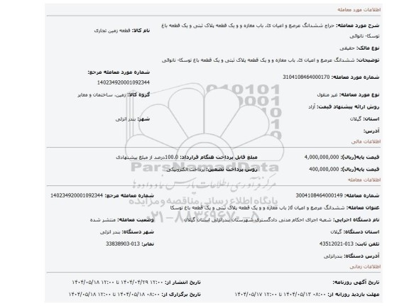 مزایده، ششدانگ عرصع و اعیان ئ. باب مغازه و و یک قطعه پلاک ثبتی و یک قطعه باغ توسکا- نانوائی